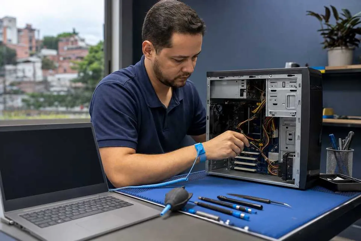 Tecnico de informatica realizando conserto de computador em bancada profissional