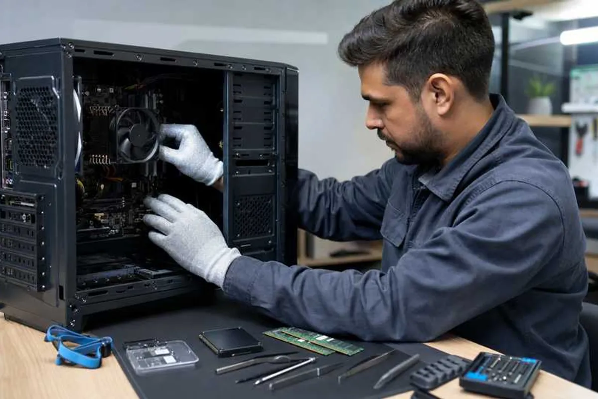 Tecnico realizando conserto de computador desktop em bancada de assistencia tecnica